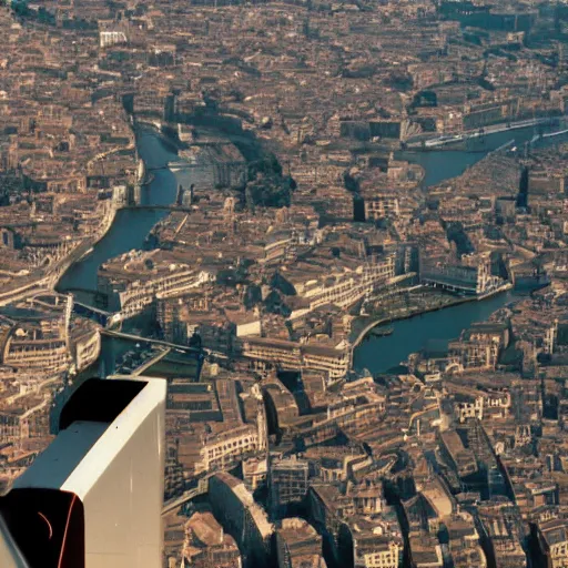 Image similar to Captain America flies over the cityscape of Rome. Filmed in the style of Wim Wenders. Cinematic, 50mm, highly intricate in technicolor