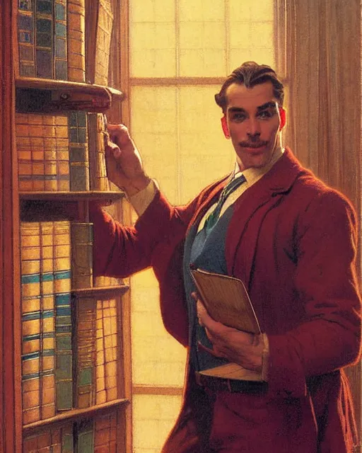 Prompt: attractive librarian man pulling a book from a shelf, dusty library, golden hour painting by tom of finland, gaston bussiere, craig mullins, j. c. leyendecker, alphonse mucha