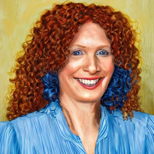 Image similar to the official presidential portrait of ginger head woman, fair skin, smiley, long curly hair, blue blouse, hyper realistic, detailed face