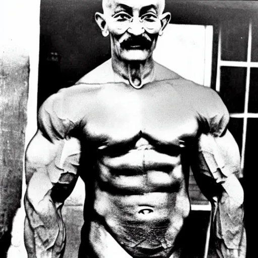 Prompt: mahatma ghandi bodybuilder, muscular, macho, photo,