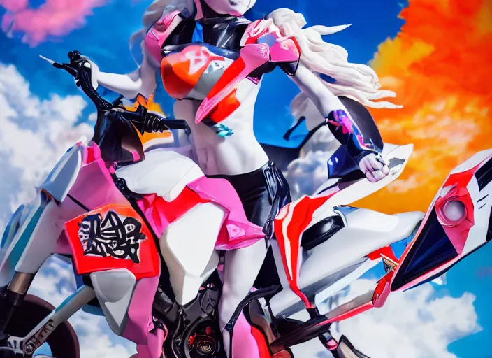 Image similar to extremely beautiful photo of a white marble statue of an anime girl with colorful motocross logos and motorcycle helmet with closed visor, colorful smoke in the background, carved marble statue, fine art, neon genesis evangelion, virgil abloh, offwhite, denoise, highly detailed, 8 k, hyperreal