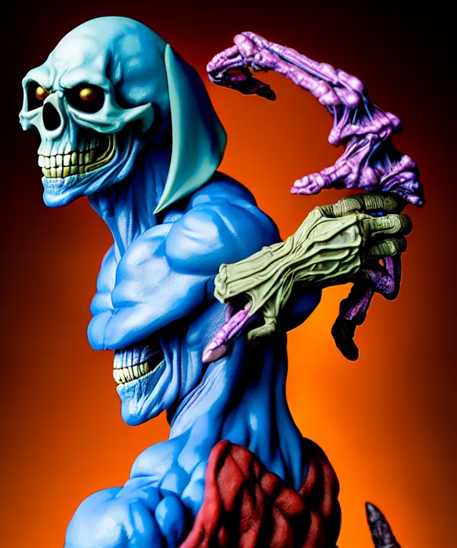 Image similar to hyperrealistic rendering, skeletor, by art of skinner and richard corben and jeff easley, product photography, action figure, sofubi, studio lighting, colored gels