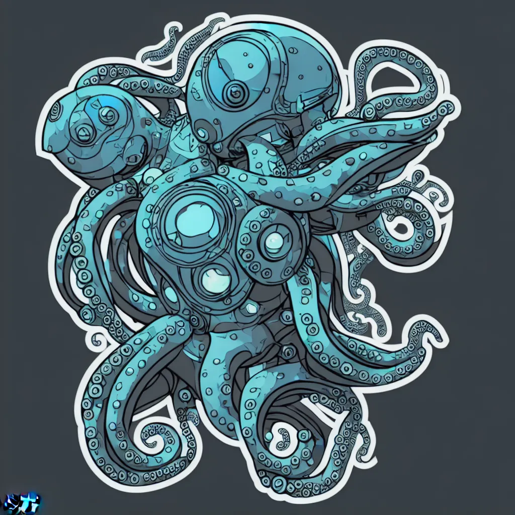 Image similar to damaged cyborg robotic octopus, symmetrical sticker design, vector art, 8k, trending on artstation