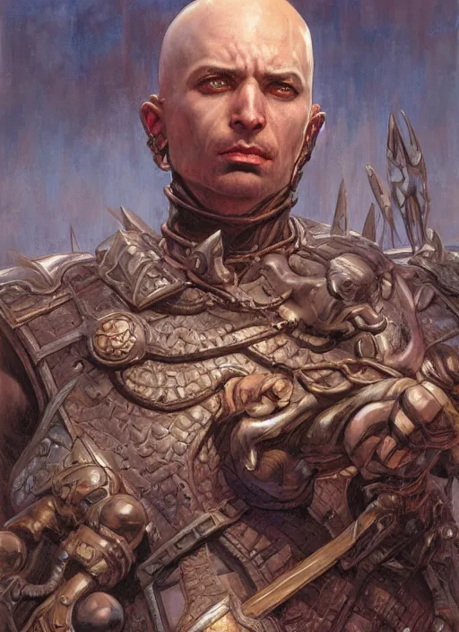 Image similar to a fantasy comic book style portrait painting of a bald male warrior, art by donato giancola and bayard wu and gustav moreau and wayne barlowe