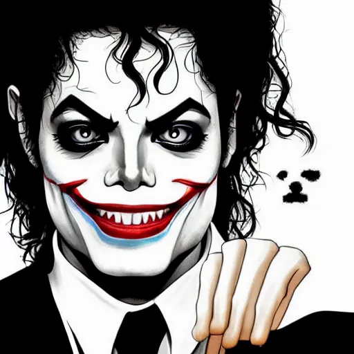 Prompt: michael jackson as the joker laugh on camera, with his hand make unappropriate sign. facial features, symmetrical anatomy, hyperdetailed, coloured comic, baroque, pop punk art style, fantasy, body features, posse features, without duplication, art by artgerm and ilya kuvshinov and vinicius gud and gustavo zambelli, intricate.
