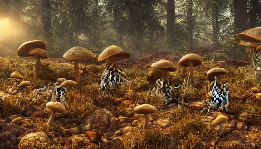 Image similar to hyper realistic highly detailed nature photography of mushroom infested skeleton zombies, prehistoric planet, volumetric lighting, octane render, 4 k resolution, golden hour