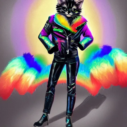 Image similar to wide angle full body, jacket wearing fluffy cute rainbow kitten wearing a black leather motorcycle jacket, concept art