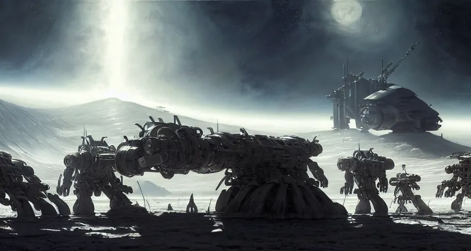 Prompt: hyper realistic sci - fi matte concept art painting of humanoid battlemechs fighting on the moon, guns, missiles, explosions, beautiful details, strong composition painted by kim jung guweta studio rutkowski, james gurney and greg rutkowski, and lucasfilm, smooth, intricate, detailed, sharp focus, cinematic