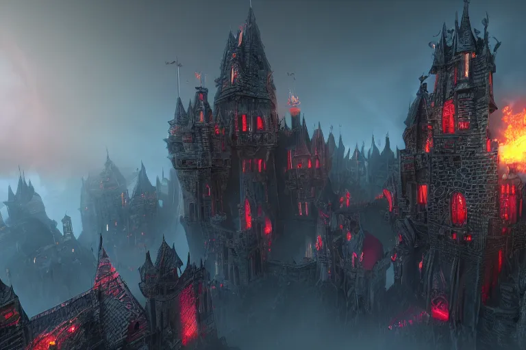 Image similar to big evil castle - city rock dark shadow elves, might and magic heroes vii, dark fantasy, shadows, artstation trending, unreal engine 5, red