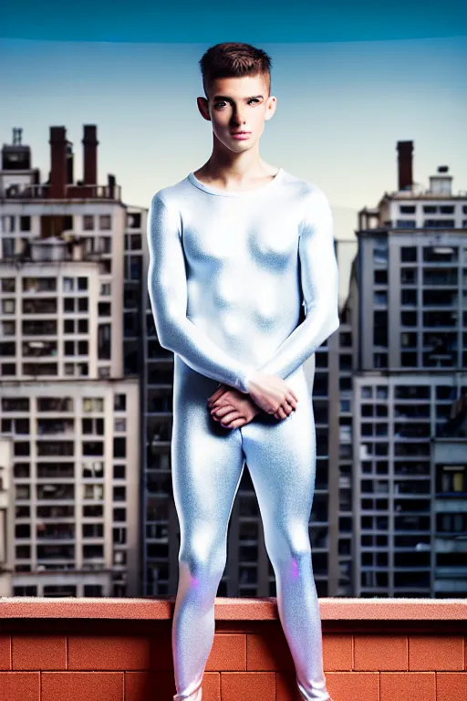 Image similar to un ultra high definition studio quality photographic art portrait of a young man standing on the rooftop of a british apartment building wearing soft padded silver pearlescent clothing. three point light. extremely detailed. golden ratio, ray tracing, volumetric light, shallow depth of field. set dressed.