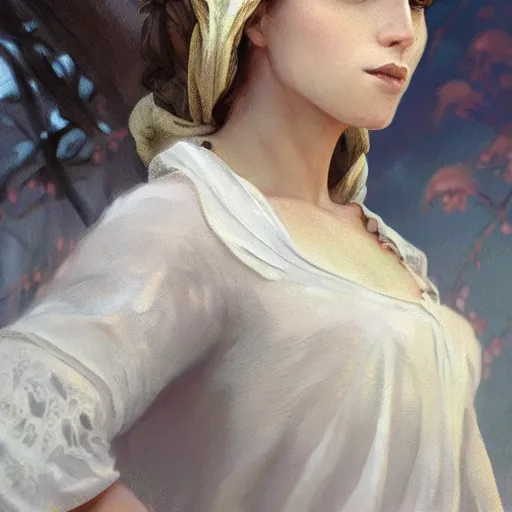 Image similar to epic portrait a beautiful woman wearing a white blouse and short sleeves, digital painting, artstation, concept art, soft light, hdri, smooth, sharp focus, illustration, fantasy, intricate, elegant, highly detailed, D&D, matte painting, in the style of Greg Rutkowski and Alphonse Mucha and artemisia, 8k, highly detailed, jurgens, rutkowski, bouguereau, pastoral, rustic, georgic, detailed concept art, illustration, colorful pastel, painting, detail, ultra detailed, digital art, octane render, 4K,