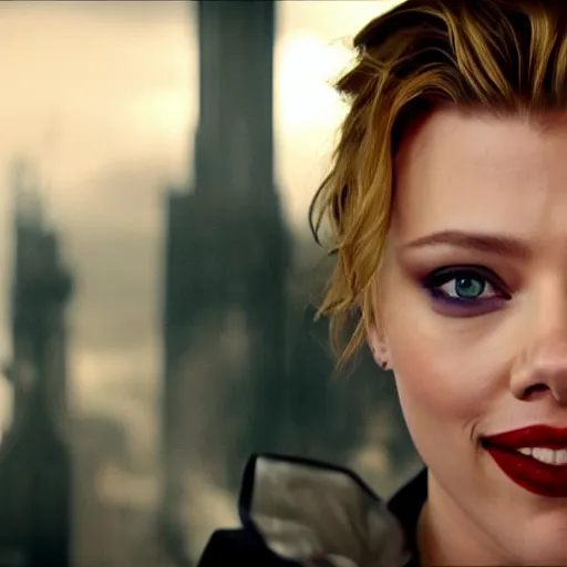 Image similar to beautiful awe inspiring (Scarlett Johansen) as The Joker smiling 8k hdr