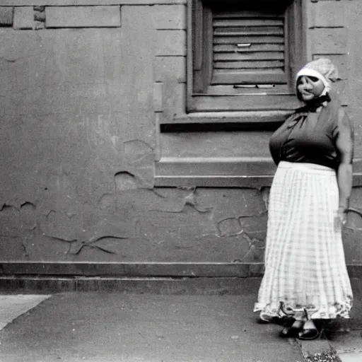 Prompt: a plump woman wearing a bandana and a skirt taking a photograph on sidewalk with an big old-fashioned flash camera