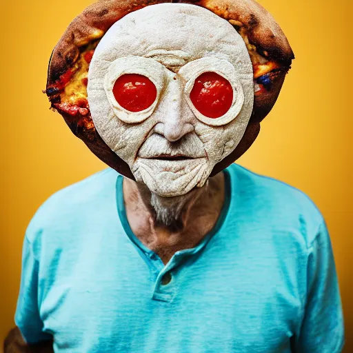 Image similar to an elderly man wearing a mask made from a pizza, bold natural colors, national geographic photography, masterpiece, 8 k, raw, unedited, symmetrical balance