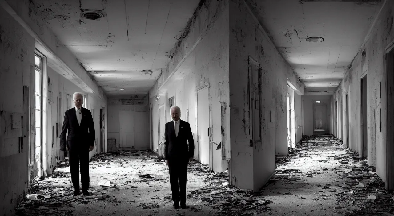 Prompt: unnerving dark 4 k photograph of joe biden standing alone in a long creepy hallway of an abandoned insane asylum, hospital, checkered floor, crime scene, horror