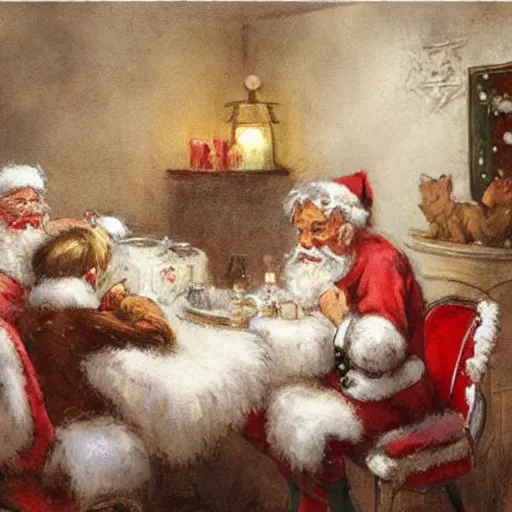 Prompt: (((((1950s cozy Christmas dinner with santa klaus . muted colors.))))) by Jean-Baptiste Monge !!!!!!!!!!!!!!!!!!!!!!!!!!!