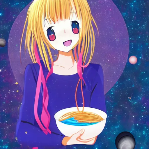 Image similar to Yandere anime girl smiling whilst holding a bowl of spaghetti in space, digital art