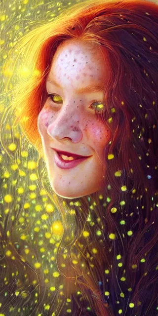 Image similar to infp young woman, smiling amazed, golden fireflies lights, sitting in the midst of nature fully covered, long loose red hair, intricate linework, green eyes, small nose with freckles, oval shape face, realistic, expressive emotions, dramatic lights spiritual scene, hyper realistic ultrafine art by michael cheval, jessica rossier, boris vallejo