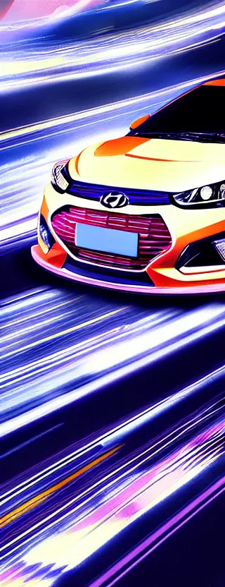 Prompt: hyundai veloster n racing down tokyo highway at night, digital art, super aesthetic, manga, realistic