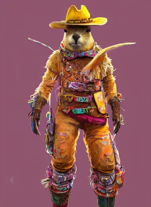 Prompt: detailed full body concept art illustration colorful pastel painting of an anthropomorphic capybara cowboy in full intricate clothing, biomutant, ultra detailed, digital art, octane render, 4K