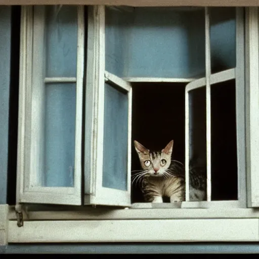 Prompt: cat looking to the window, movie frame by wes anderson.