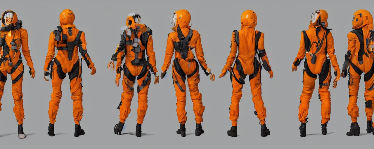 Image similar to character design, fashion reference sheet, gaunt, 70's jetfighter pilot girl, optimistic, dirty yellow and orange flight suit, scuffed exoskeleton in a dark hangar, concept art, photorealistic, hyperdetailed, 3d rendering!, studio lighting , art by Frazetta,