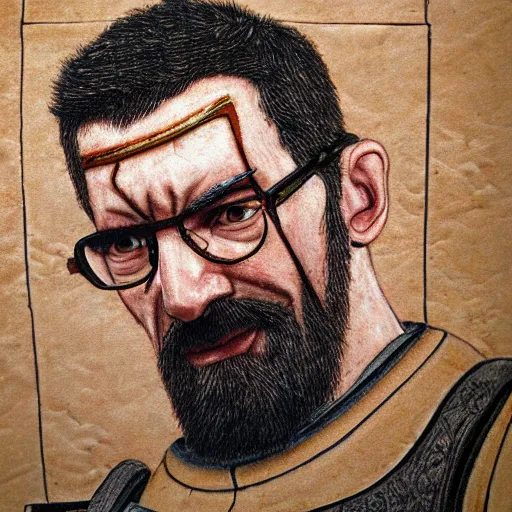 Prompt: ancient art work depicting gordon freeman, 8 k, very detailed, very intricate,