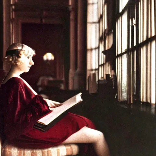 Prompt: a vintage 1 9 2 0 s kodachrome slide of a romantic academia aesthetic of a woman reading and writing.