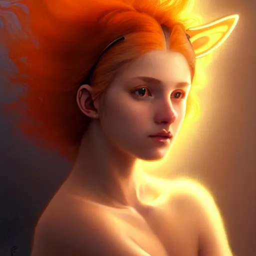 Image similar to Portrait of a girl angel with pale orange colored frizzy strands of illuminated hair, cat ears on her head, glowing halo, Lion's Mane, fantasy, intricate, elegant, highly detailed, digital painting, artstation, concept art, smooth, sharp focus, illustration, art by Krenz Cushart and Artem Demura and alphonse mucha