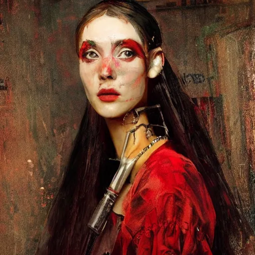 Image similar to Solomon Joseph Solomon and Richard Schmid and Jeremy Lipking victorian genre painting portrait painting of a young beautiful woman android cyberpunk future hacker punk rock in fantasy costume, red background