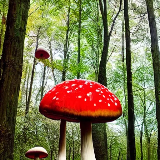 Image similar to modern painting giant mushrooms with red caps in a forest that is bright and cheerful