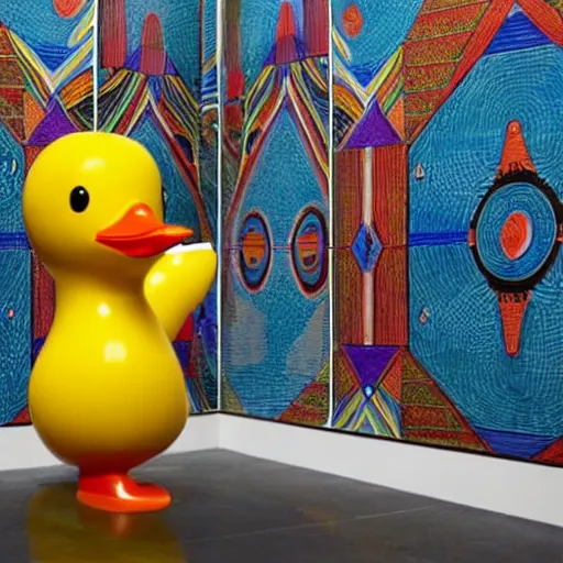 Image similar to wide shot, one photorealistic rubber duck in foreground on a pedestal in an museum gallery, british museum, the walls are covered with colorful geometric wall paintings in the style of sol lewitt, tall arched stone doorways, through the doorways are more wall paintings in the style of sol lewitt.