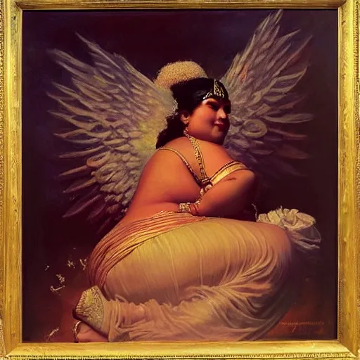 Image similar to detailed portrait of thicc hindu traditional woman with angel wings coming down to earth in baroque painting, girl graceful, eyes closed, painting by gaston bussiere, craig mullins, j. c. leyendecker