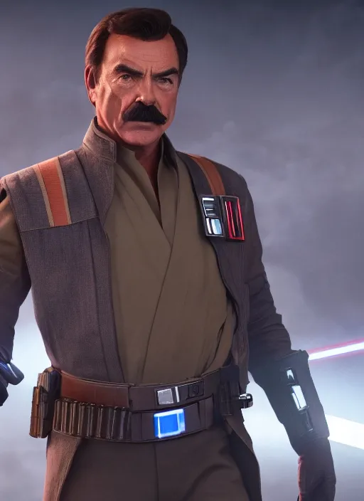 Image similar to film still of tom selleck as cal kestis in star wars jedi fallen order, gameplay, 8 k, hd