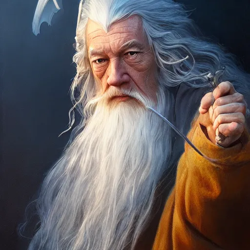 Prompt: Gandalf, 4k oil on linen by wlop, artgerm, andrei riabovitchev, nuri iyem, james gurney, james jean, greg rutkowski, highly detailed, soft lighting 8k resolution