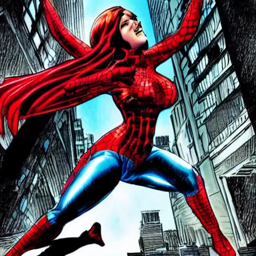 Image similar to awesome drawing of mary jane watson as spider girl, realistic, comic, by mike deodato