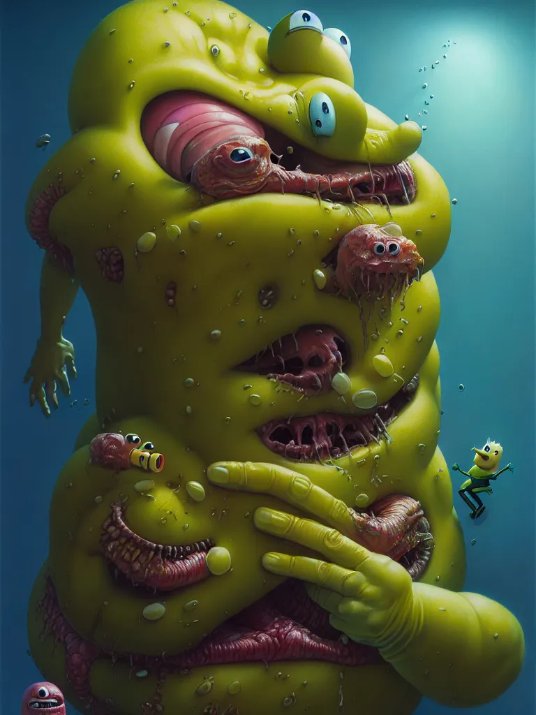 Prompt: hyperrealistic rendering, fat smooth john carpenter flesh monster spongebob by donato giancola and greg rutkowski and wayne barlow and zdzisław beksinski, product photography, action figure, sofubi, studio lighting, colored gels, colored background