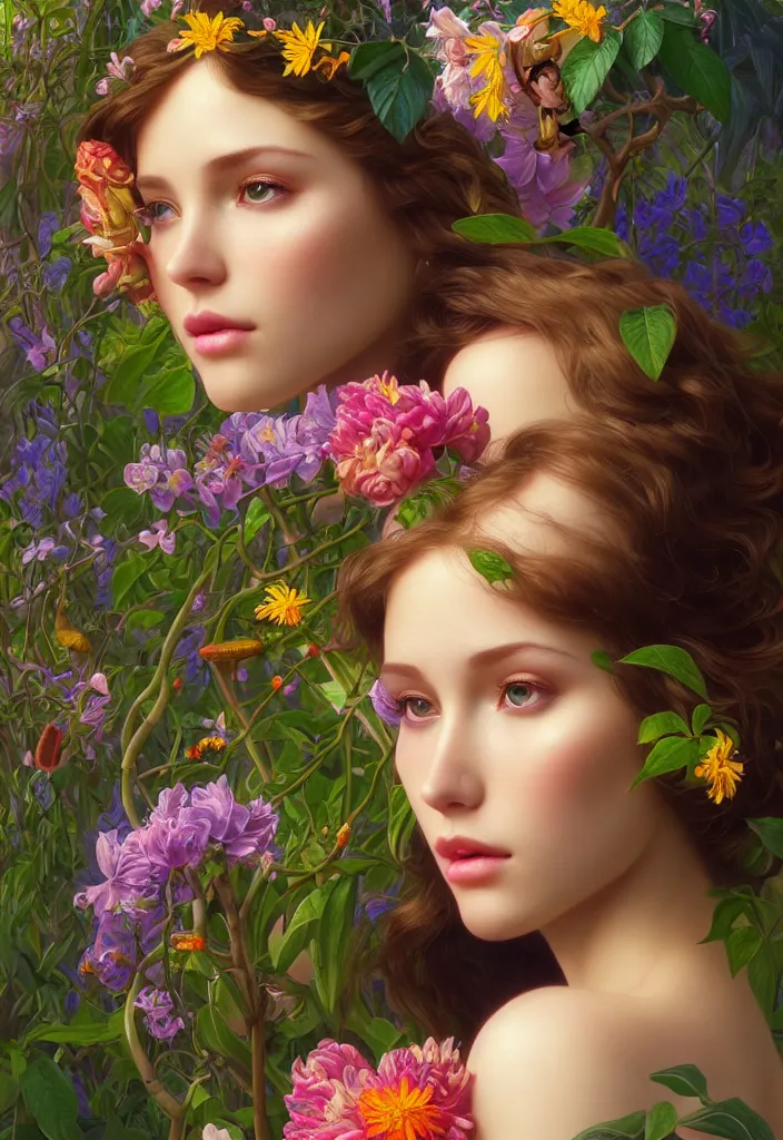 Prompt: young beautiful woman, eve in the garden of eden, gorgeous face, vaporwave aesthetic, synthwave, colorful, psychedelic, artstation, flowers, bees, smooth, extremely sharp detail, finely tuned detail, 8 k, unreal engine 5, ultra sharp focus, illustration, art by artgerm and greg rutkowski and alphonse mucha