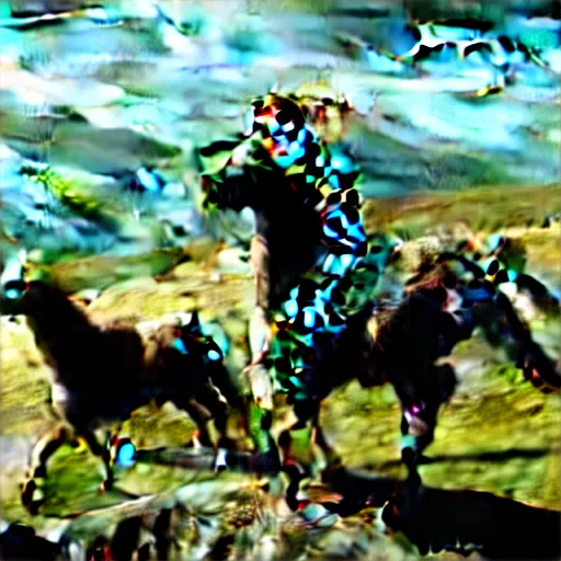 Image similar to still from lord of the rings showing the ride of the rohirrim, riding toward minas tirith on alpacas