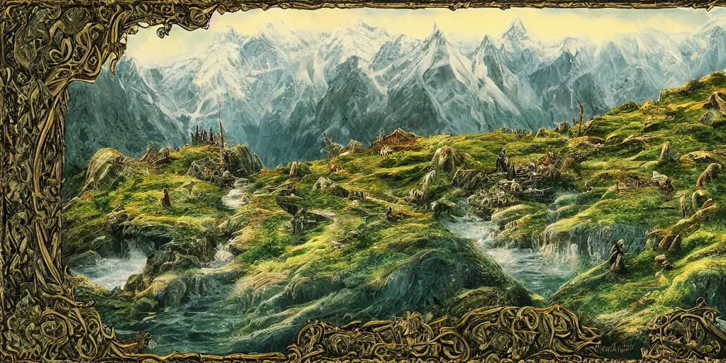 Prompt: a beautiful middle earth landscape by barbara remington