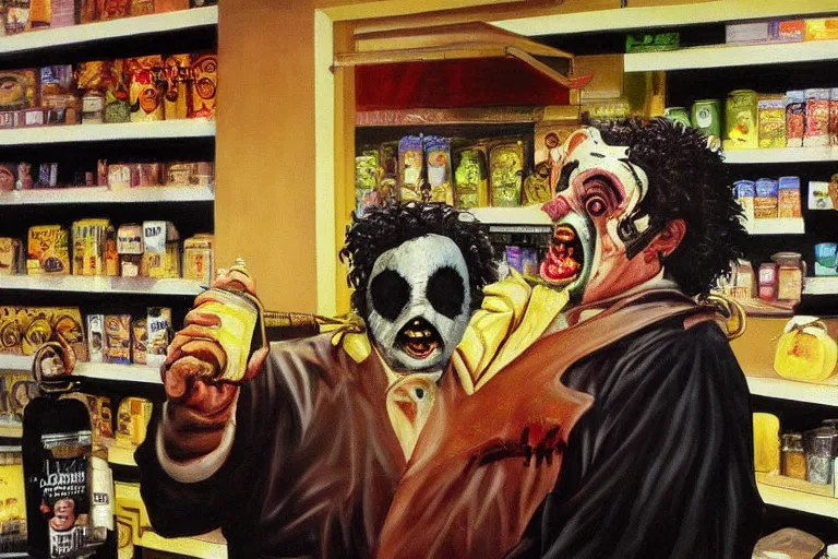 Prompt: black velvet painting of leatherface shopping at a grocery store
