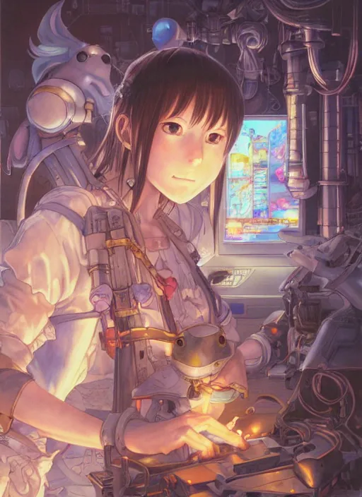 Image similar to prompt : ragnarok online portrait soft light painted by james jean and katsuhiro otomo and erik jones, inspired by akira anime, epic fantasy, a young tinker girl working on a device in her workshop, workshop in the background, intricate oil painting, high detail illustration, sharp high detail, manga and anime 1 9 9 9