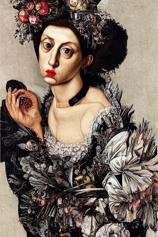 Image similar to Detailed maximalist portrait with large lips and with large white eyes, sad, exasperated expression, HD mixed media, 3D collage, highly detailed and intricate illustration in the style of Caravaggio, dark art, baroque