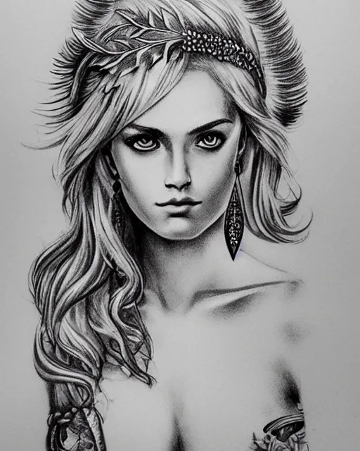 Prompt: tattoo sketch of beautiful greek goddess aphrodite with arrowhead earrings and beautiful feather jewelry, beautiful piercing eyes, beautiful blonde hair, hyper realistic face, in the style of greg rutkowski, fantasy, amazing detail, epic, elegant, smooth, sharp focus, from the front