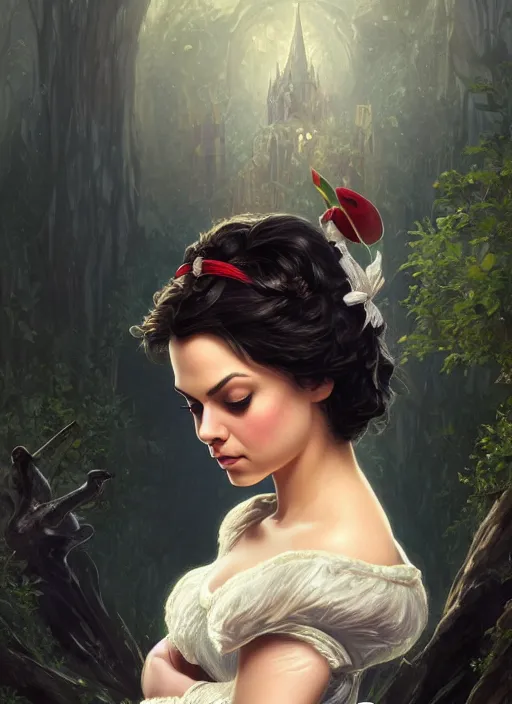 Image similar to beautiful young mila kunis as snow white princess disney, closeup, d & d, fantasy, intricate, elegant, highly detailed, digital painting, artstation, concept art, matte, sharp focus, illustration, art by artgerm and greg rutkowski and alphonse mucha