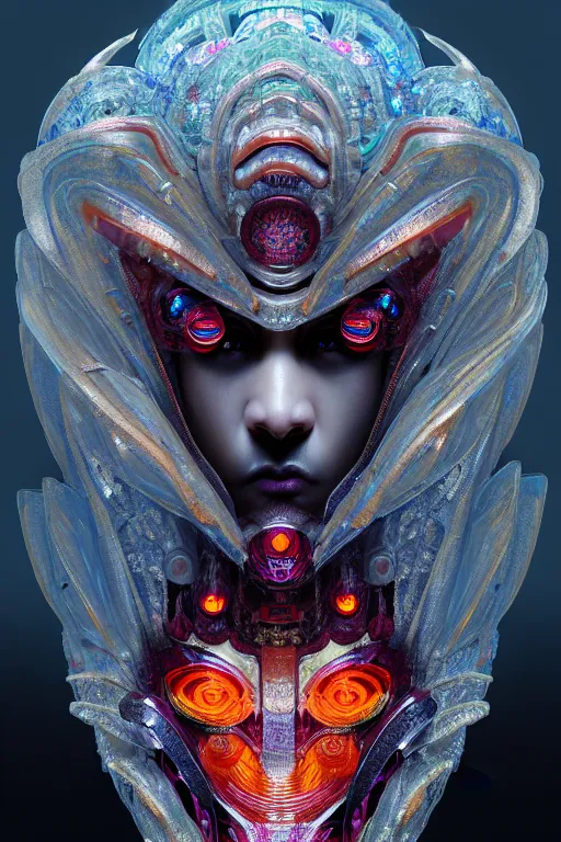 Image similar to asura from chinese myth, ghost, gorgeous and huge head ornaments, dystopian, cyberpunk, organic fractal mycelum and fungi, mecha, halfturn portrait of a big crystal face made of crystals half - turn, ominous, intricate, studio, art by anthony macbain + greg rutkowski + alphonse mucha, concept art, 4 k, sharp focus