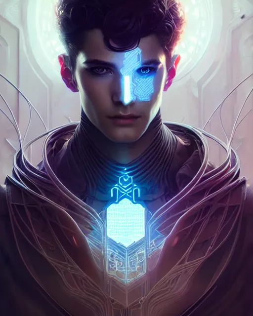 Image similar to Beautiful ethereal cyberpunk man, art nouveau, fantasy, intricate binary and electronic designs, elegant, highly detailed, sharp focus, art by Artgerm and Greg Rutkowski and WLOP