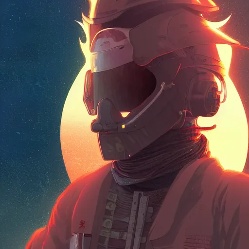 Image similar to Thomas Jane, an illustration of a worn out samurai that got time travelled to a futuristic colonized Mars, art by Ilya Kuvshinov, highly detailed, anime key visual, warm colors, epic landscape, HD digital art, artstation