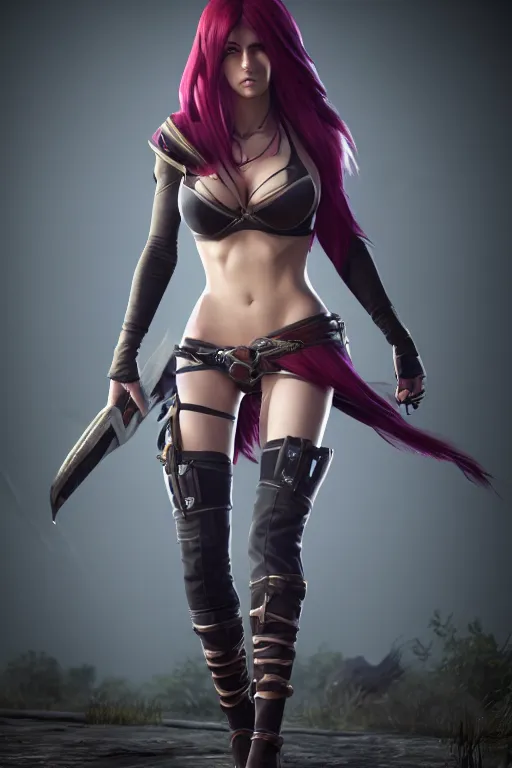 Image similar to Katarina from League of Legends, photorealistic full body, unreal engine 5, hyperrealistic, highly detailed, realistic