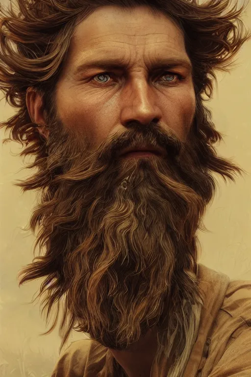 Prompt: close up portrait painting of a bearded wilderness man, ultra realistic, concept art, intricate details, serious, highly detailed, photorealistic, octane render, 8 k, unreal engine. art by artgerm and greg rutkowski and alphonse mucha